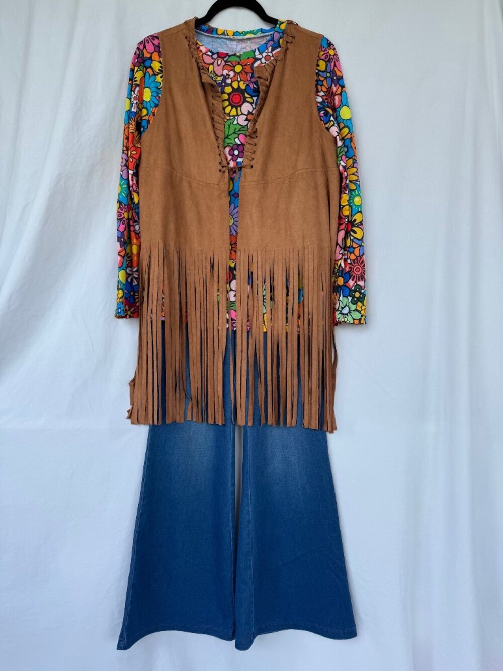 Women’s 70s Hippie Costume Set M/L Floral Top Bell Bottoms Fringe Vest